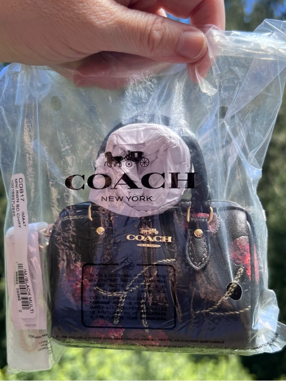 COACH Mini Rowan Bag Charm Black Multi w Sequin Cherry Print & Gold Hardware NWT